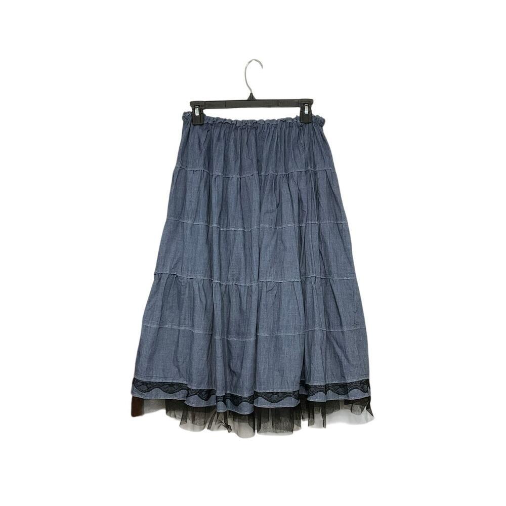 Handmade Blue Tiered Blue Prairie Midi Skirt Elastic Waist Western Boho - Picture 2 of 6